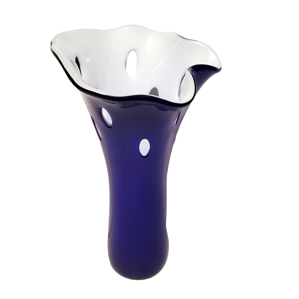 Cobalt Blue Milky White Inside Ruffled Top Cut Outs 12" Tall Vase